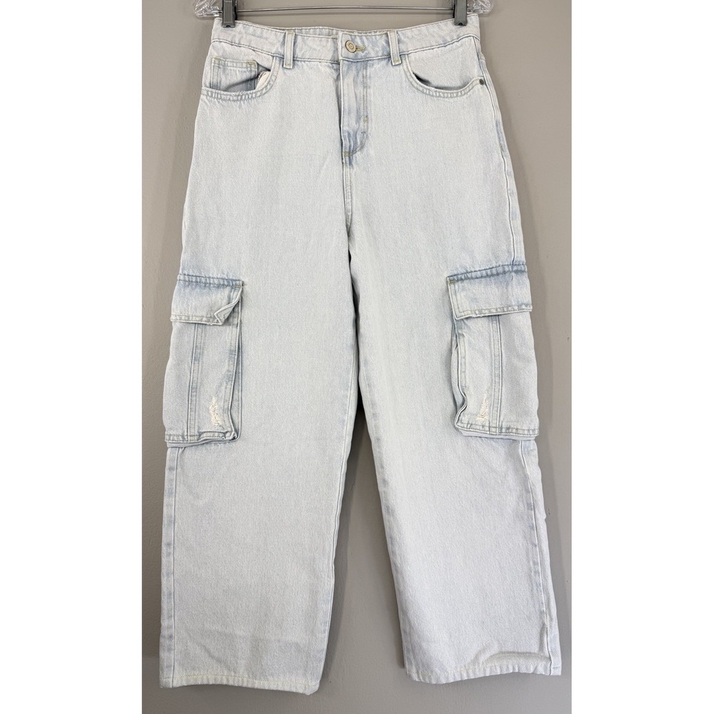 Zara TRF Wide Leg‎ Cargo Jeans Women's 4 Light Wash Crop Denim (28x26)